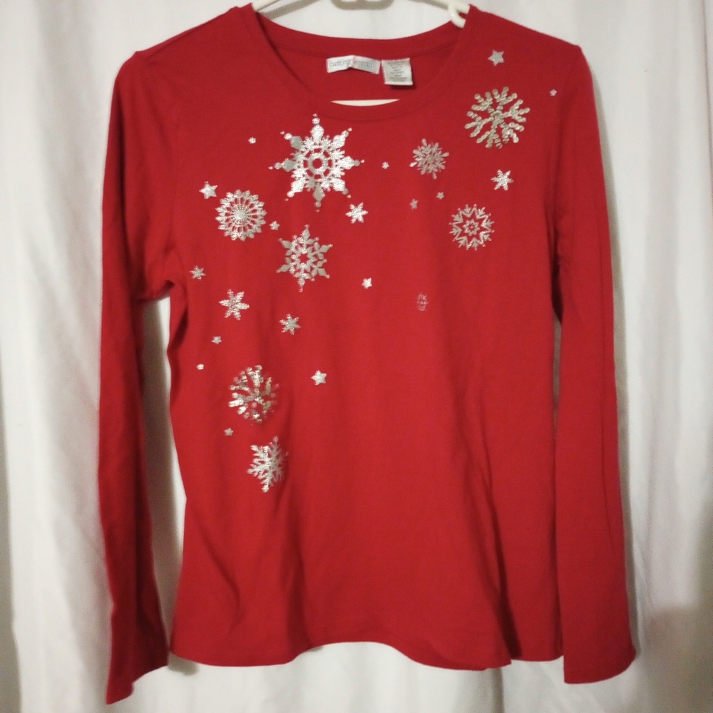 Red Long Sleeve Top with Silver Snowflake Design